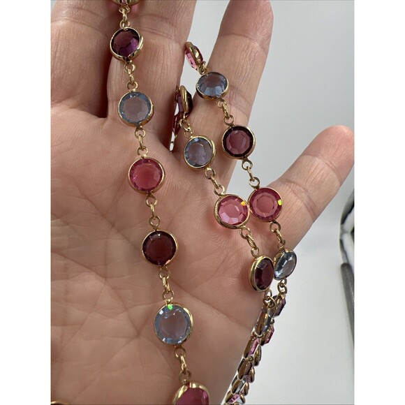 Swarovski Necklace Gold Plate Purple Pink Blue White Crystals 36" Swan Hang Tag - Picture 5 of 8